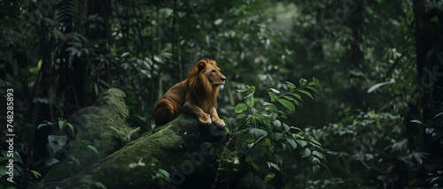 Majestic Male Lion Resting on a Fallen Tree in a Dense Jungle at Dusk. AI.