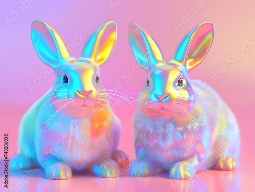 Two Playful Colorful Rabbits on a Colorful Background