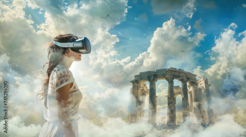 woman stands amidst clouds with a virtual reality headset on, her image overlaying the ancient ruins of a Greek temple, suggesting the blending of modern technology with historical exploration