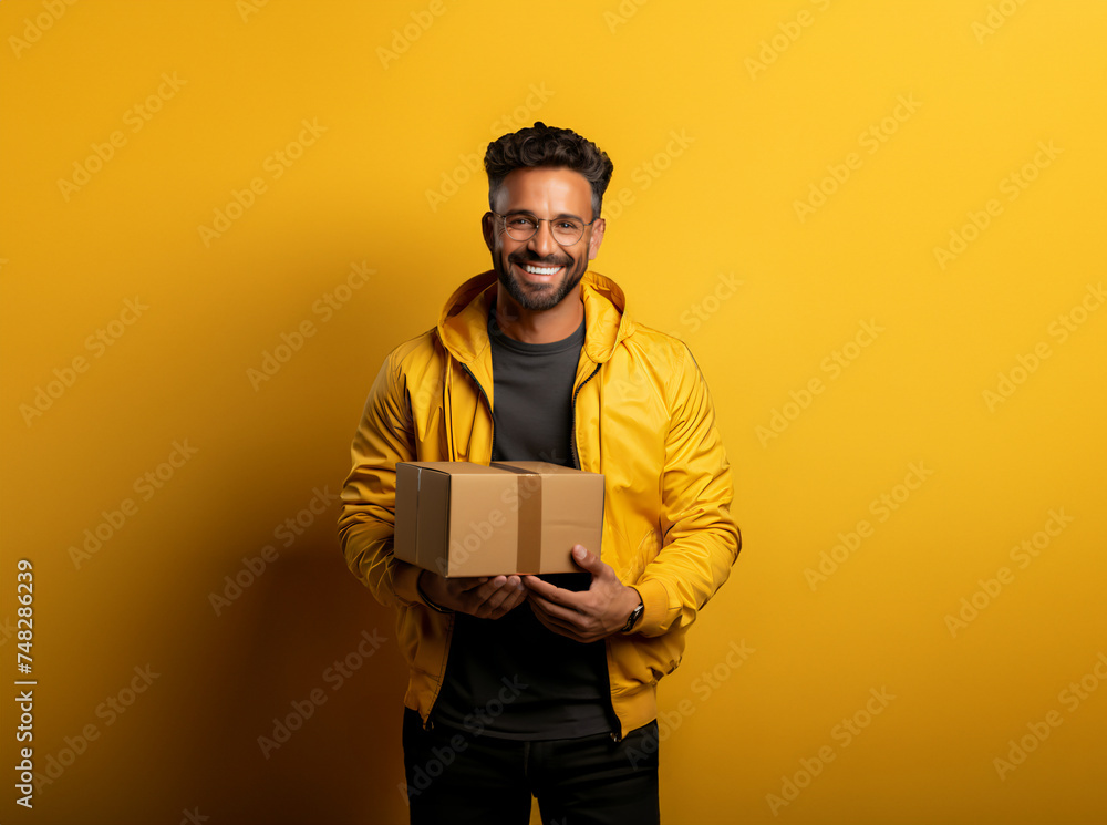 30s latin man holding a box in a yellow background. Logistic delivery employee 30s latin man holding a box in a yellow background. Logistic delivery employee
