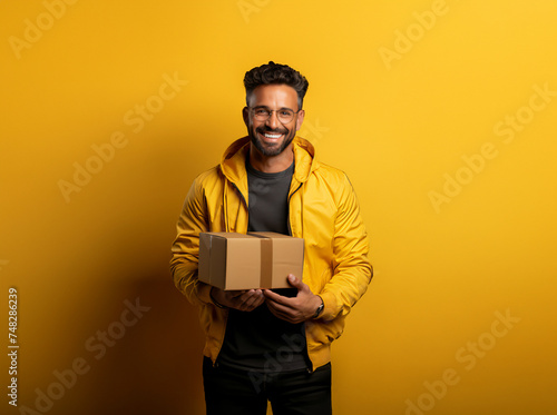 30s latin man holding a box in a yellow background. Logistic delivery employee 