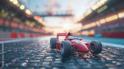 Red race car on a textured track with soft background. photo