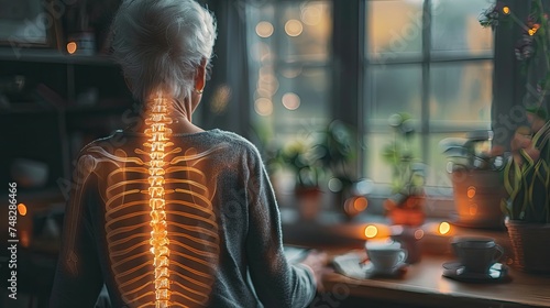 Elderly woman gazing out the window, spine highlighted.