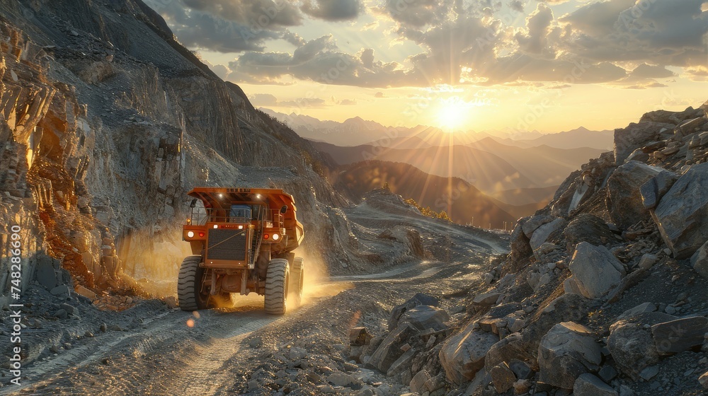 Sunset over a rugged quarry with a large truck. Sunset over a rugged quarry with a large truck.