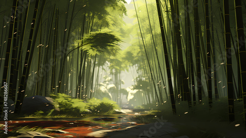 Bamboo forest  tall bamboo stalks  tranquil and Zen green background