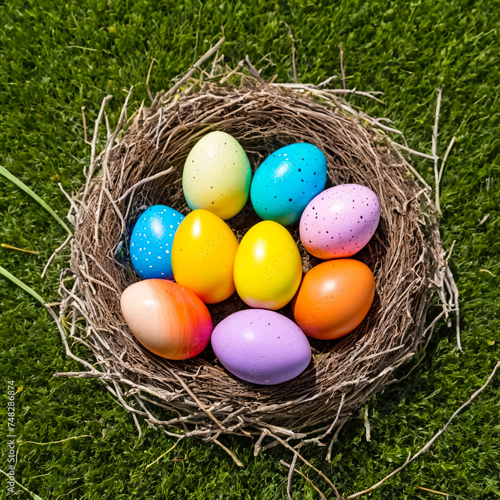 Colorful Easter eggs in a nest on the grass. Generative AI Colorful Easter eggs in a nest on the grass. Generative AI