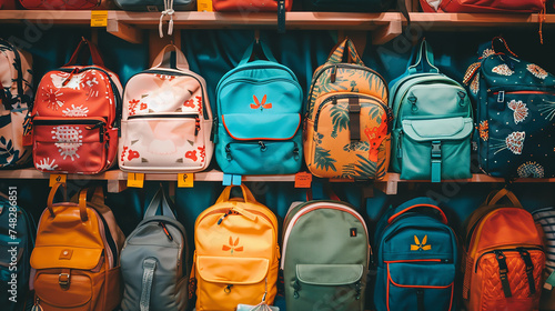 An assortment of trendy backpacks in different colors and patterns, displayed on a shelf.