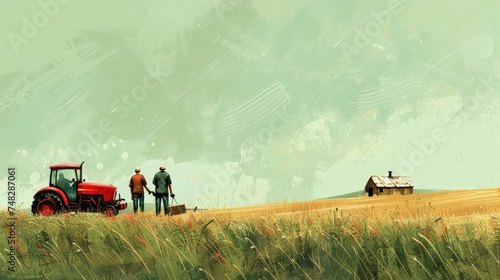 Stylized artwork of farmers with a tractor on a field, overlooking a barn.