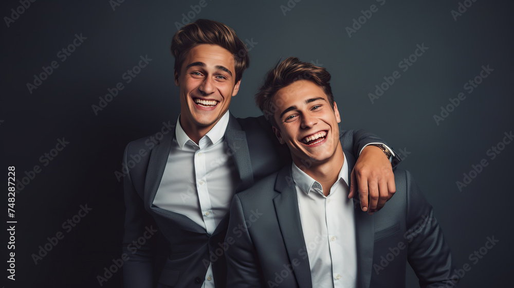 Two stylish men with curly hair wearing casual outfits stand closely together, smiling at the camera. The background is a dark gray color, creating a simple yet chic composition. Two stylish men with curly hair wearing casual outfits stand closely together, smiling at the camera. The background is a dark gray color, creating a simple yet chic composition.
