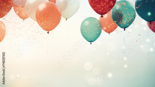 Colorful balloons flying in the sky, toned image