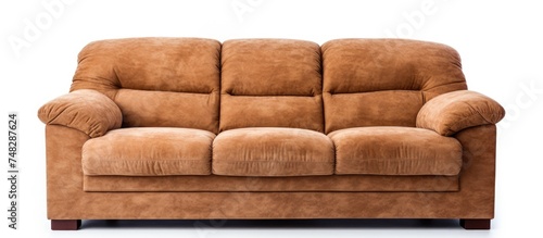 A three-seater brown fabric sofa is positioned on top of a clean, white floor in a simple and modern setting.