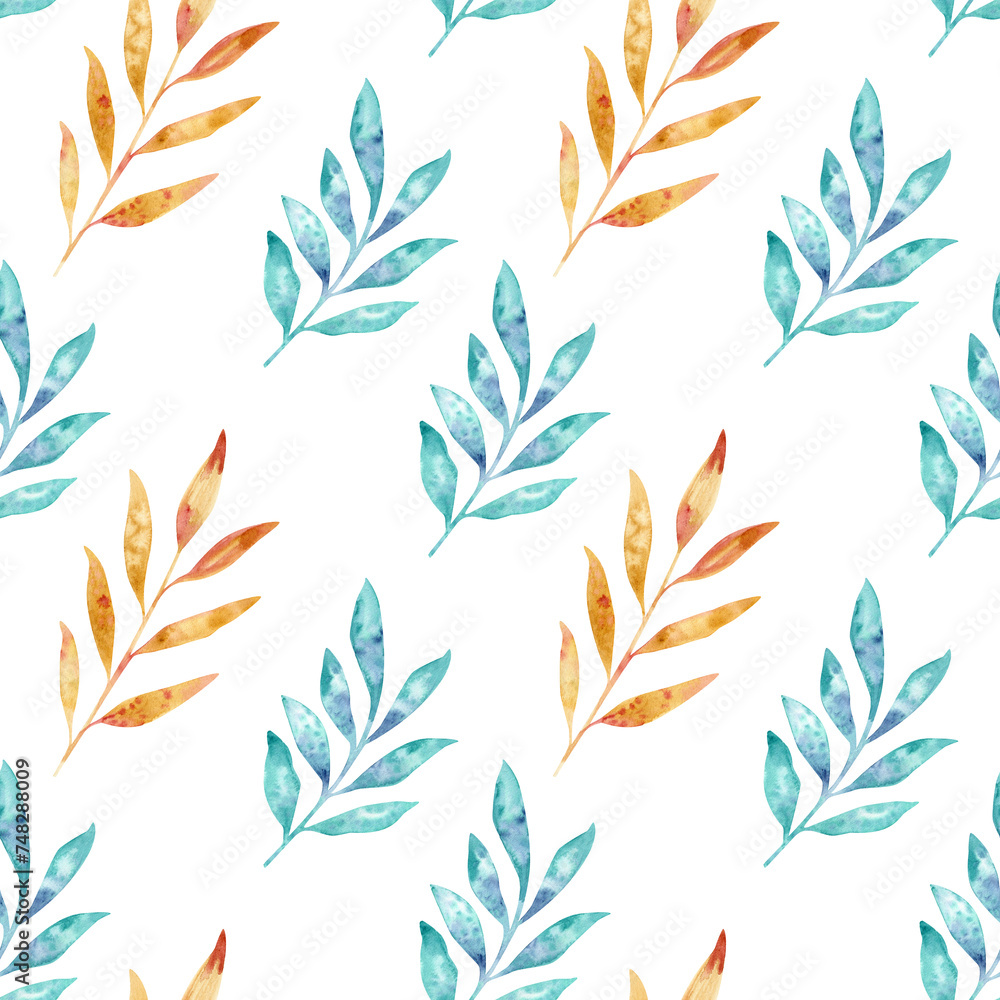  Watercolor pattern with leaves, branches, hand drawn. Yellow, orange, blue, turquoise on a white background. 