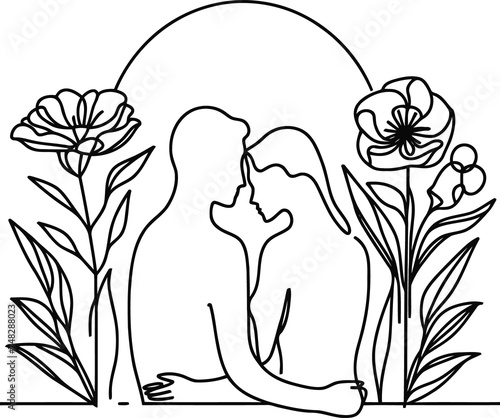 romantic couple in continuous line drawing minimalist, simplicity contour,