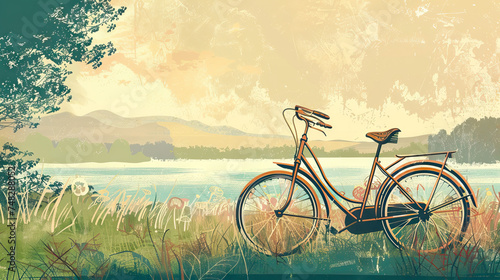 Retro Bicycle Poster: A poster-style illustration of a vintage bicycle with a scenic background. Isolated Vintage Vector. White Background. Old School.