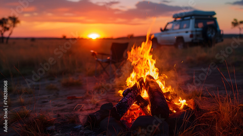 Serene Sunset Campfire Near an Off-Road Vehicle in an Open Field. AI.