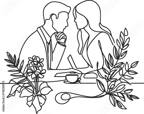 romantic couple in continuous line drawing minimalist, simplicity contour,