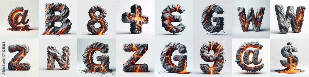 Fototapeta premium Raw stone and lava 3D Lettering Typeface. AI generated illustration