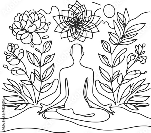 meditation yoga in continuous line drawing minimalist, simplicity contour.