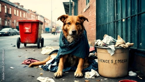 A street dog draped in a blue cloth sits solemnly by trash bins. The image reflects a somber reality of stray animals in urban environments.