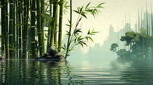 Bamboo forest  tall bamboo stalks  tranquil and Zen green background