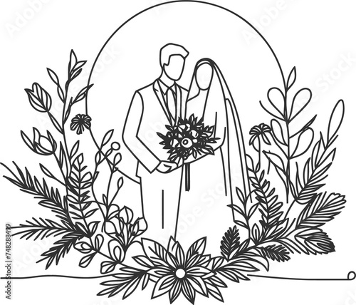 married, wedding continuous line drawing minimalist, simplicity contour, 