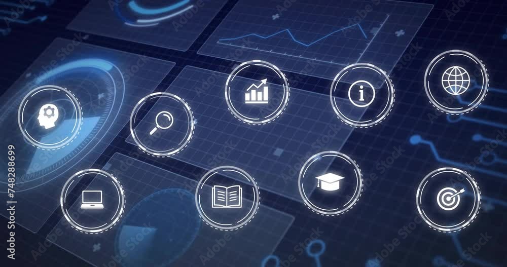 Animation of icons over data processing on black background Animation of icons over data processing on black background