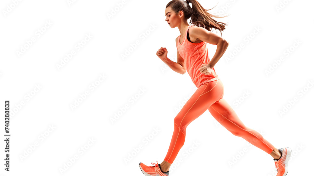 Action shot of running girl isolated on a transparent or white background. Side view. Sport and healthy lifestyle.
Action shot of running girl isolated on a transparent or white background. Side view. Sport and healthy lifestyle.