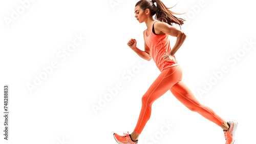 Action shot of running girl isolated on a transparent or white background. Side view. Sport and healthy lifestyle.