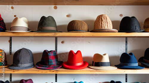 A collection of fashionable hats, including fedoras, beanies, and baseball caps, displayed on a shelf. photo