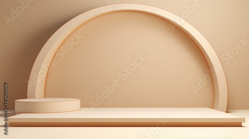 Geometric stand for products, platforms of different shapes. A podium for displaying products on a beige background.