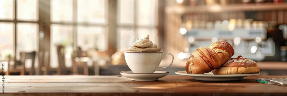 Cozy cafe breakfast with coffee and pastries - A warm and inviting scene depicting a cappuccino and fresh croissants on a wooden table in a sunny cafe setting