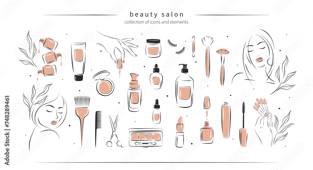 Big set of elements for beauty salon. Nail polish,  manicured female hands, beautiful woman face, lipstick, eyelash extension, makeup, hairdressing. Vector illustrations