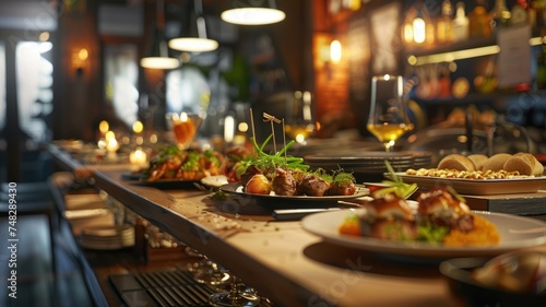 Elegant dinner setup in a dimly lit restaurant - A warm and inviting dining scene featuring a gourmet meat dish, fine cutlery, and elegant glassware, conveying a luxurious dining experience