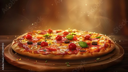 Delicious pizza with golden lighting - An appetizing pizza topped with cheese, tomatoes, peppers, and olives is perfectly lit with a warm, golden glow, evoking a feeling of coziness and deliciousness