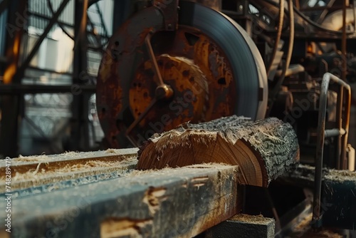 Sawmill with tree cut close-up, timber harvesting