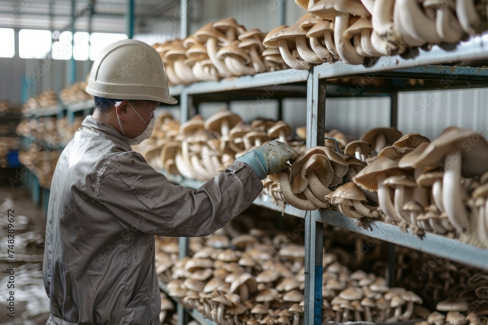 Man arranging oyster mushrooms on shelves in a farm - The diligent worker organizes oyster mushrooms on metal shelves within a well-lit agricultural facility Man arranging oyster mushrooms on shelves in a farm - The diligent worker organizes oyster mushrooms on metal shelves within a well-lit agricultural facility