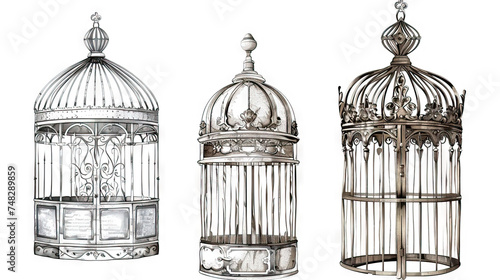 Victorian Birdcage Sketch: A detailed sketch of a Victorian-style birdcage with elegant patterns. Isolated Vintage Vector. White Background. Old School.