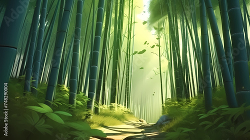 Bamboo forest  tall bamboo stalks  tranquil and Zen green background