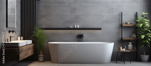 In a modern gray bathroom  a tub  sink  and mirror are the main features. The bathtub is sleek and inviting  the sink is spacious and comfortable  and the mirror is well-lit and functional.