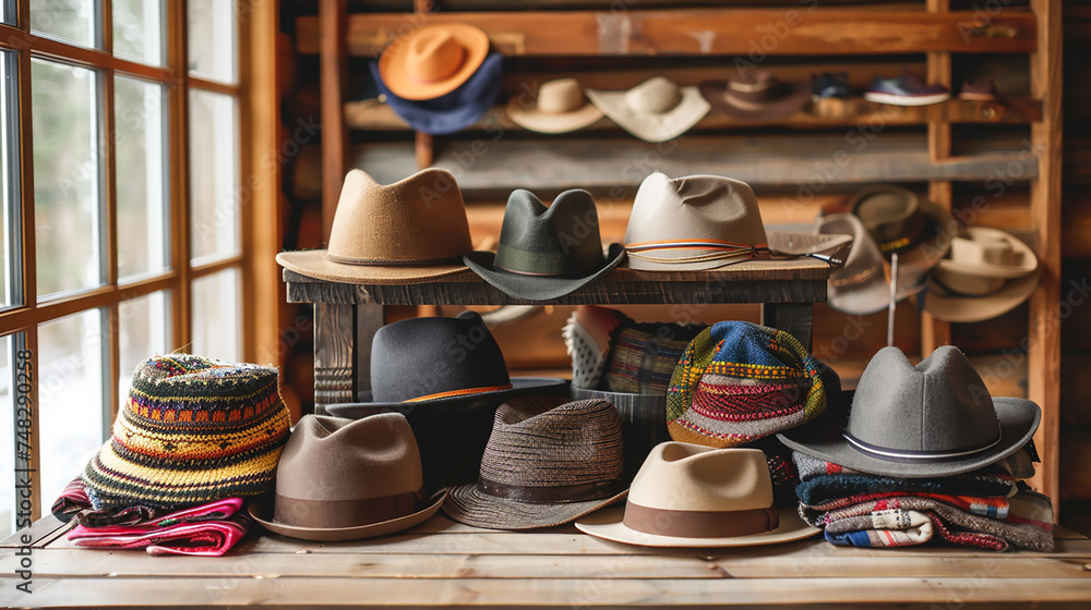 A collection of various hat styles, including fedoras, beanies, and sun hats, displayed on a wooden table.