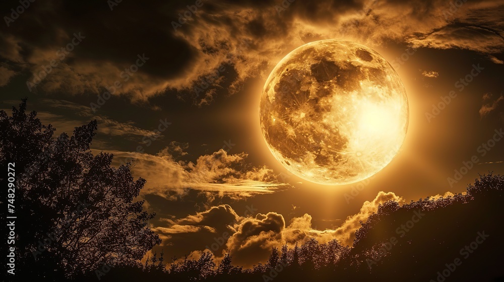 View of cloudy night sky with a fantasy golden full moon in the night sky. View of cloudy night sky with a fantasy golden full moon in the night sky.