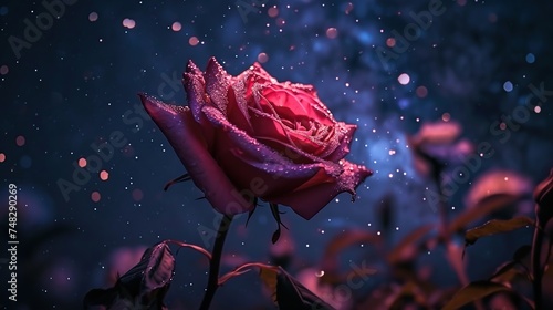 Beautiful roses with dew drops on a dark starry night background.