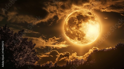 View of cloudy night sky with a fantasy golden full moon in the night sky.