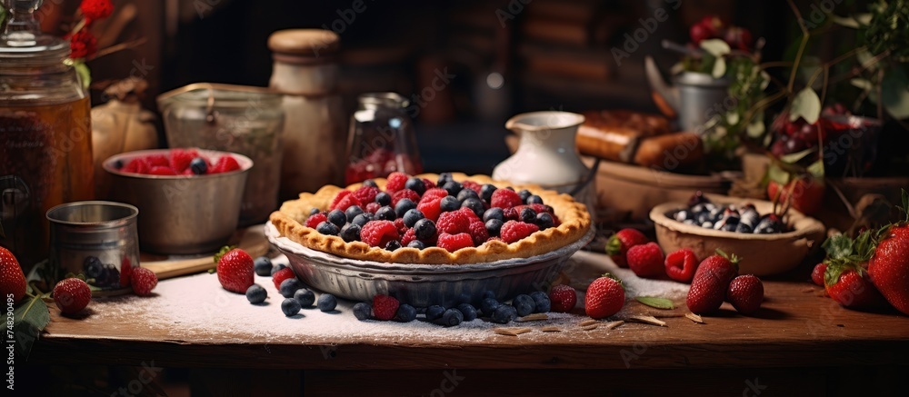 A delicious pie, filled with berries, rests on a table, surrounded by an abundance of fresh berries neatly arranged. The setting appears to be in a Scandinavian style kitchen,