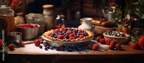 A delicious pie  filled with berries  rests on a table  surrounded by an abundance of fresh berries neatly arranged. The setting appears to be in a Scandinavian style kitchen 