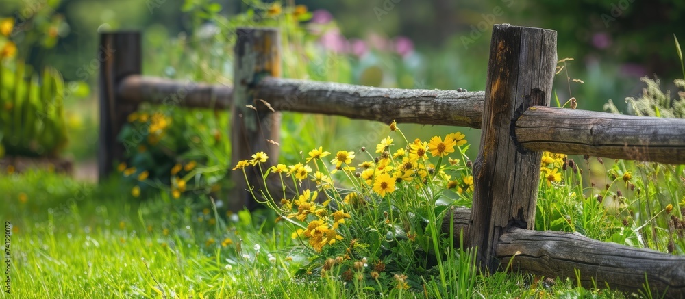 A rustic wooden fence stands tall in a lush green field filled with colorful wildflowers. The fence post creates a boundary within the vibrant summer garden.