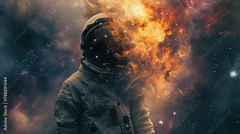 Astronaut in spacesuit against the background of the outer space. - obrazy, fototapety, plakaty 
