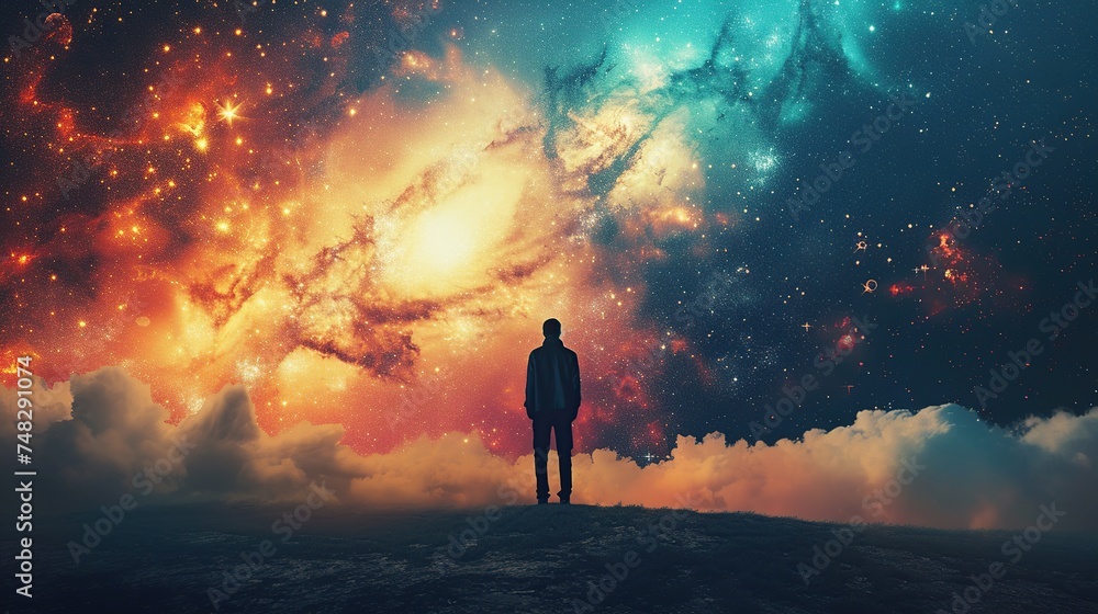 Man looking at nebula and starry sky. Man looking at nebula and starry sky.