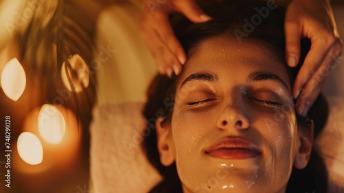 A woman receiving a relaxing facial massage in a candlelit at spa, epitomizing ultimate relaxation, ideal for promoting beauty treatments. 
