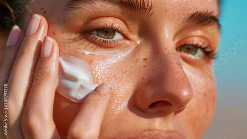 Outdoor portrait of beautiful woman with sunscreen cream with SPF on her cheek © Fox Bread